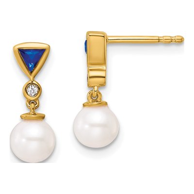 14K Yellow Gold Sapphire Round Trillion Dangle Earrings