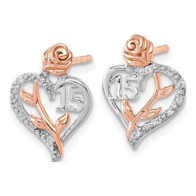 14K Two-Tone Gold 1/20 ct tw Round Diamond Quinceanera 15-Heart Stud Earrings – view 2