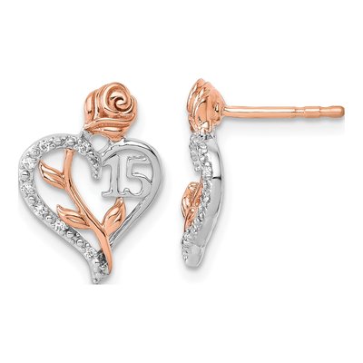 14K Two-Tone Gold 1/20 ct tw Round Diamond Quinceanera 15-Heart Stud Earrings