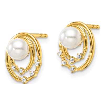 14K Yellow Gold 1/20 ct tw Round Freshwater Cultured Pearl & Diamond Oval Stud Earrings – view 2