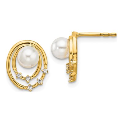 14K Yellow Gold 1/20 ct tw Round Freshwater Cultured Pearl & Diamond Oval Stud Earrings