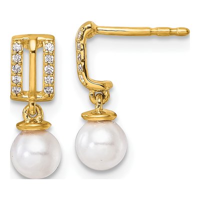 14K Yellow Gold 1/15 ct tw Freshwater Cultured Pearl & Diamond Dangle Earrings