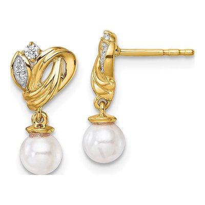 14K Yellow Gold 1/15 ct tw Freshwater Cultured Pearl & Diamond Dangle Earrings