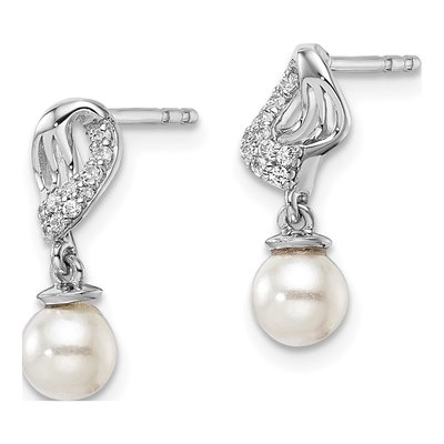 14K White Gold 1/20 ct tw Freshwater Cultured Pearl & Diamond Dangle Earrings – view 2
