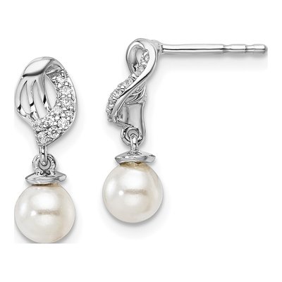 14K White Gold 1/20 ct tw Freshwater Cultured Pearl & Diamond Dangle Earrings
