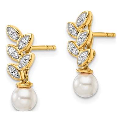 14K Yellow Gold 1/10 ct tw Freshwater Cultured Pearl & Diamond Leaf Dangle Earrings – view 2