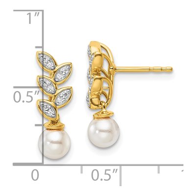 14K Yellow Gold 1/10 ct tw Freshwater Cultured Pearl & Diamond Leaf Dangle Earrings – view 3