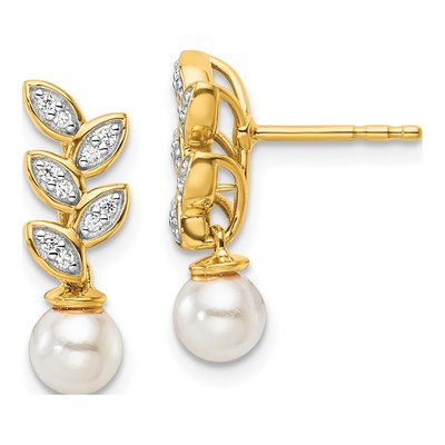 14K Yellow Gold 1/10 ct tw Freshwater Cultured Pearl & Diamond Leaf Dangle Earrings
