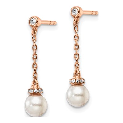 14K Rose Gold 1/10 ct tw Freshwater Cultured Pearl & Diamond Dangle Earrings – view 2