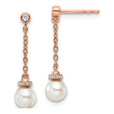 14K Rose Gold 1/10 ct tw Freshwater Cultured Pearl & Diamond Dangle Earrings