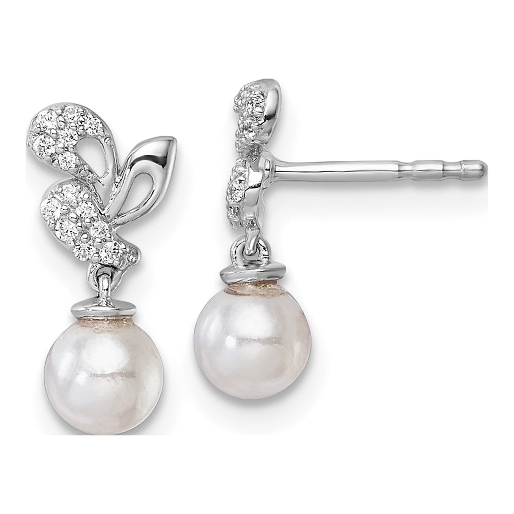 14K White Gold Rhodium-Plated Polished 1/10 Carat Diamond And White Freshwater Cultured Pearl Dangle Post Earrings