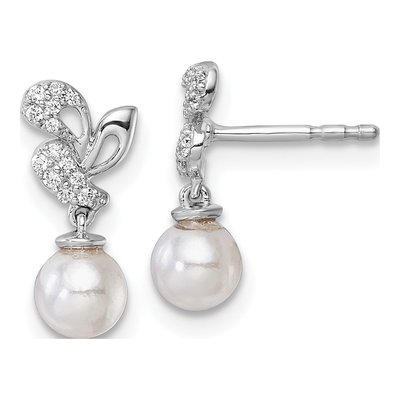 14K White Gold 1/10 ct tw Freshwater Cultured Pearl & Diamond Dangle Earrings