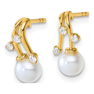 14K Yellow Gold 1/10 ct tw Freshwater Cultured Pearl & Diamond Dangle Earrings – view 2