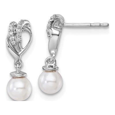 14K White Gold 1/15 ct tw Freshwater Cultured Pearl & Diamond Dangle Earrings
