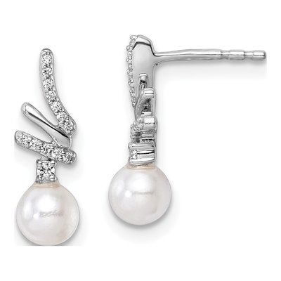 14K White Gold 1/10 ct tw Freshwater Cultured Pearl & Diamond Dangle Earrings