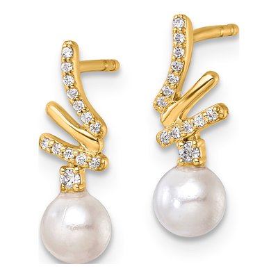 14K Yellow Gold 1/10 ct tw Freshwater Cultured Pearl & Diamond Dangle Earrings – view 2