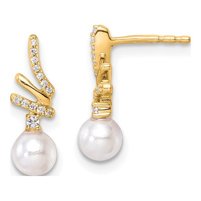 14K Yellow Gold 1/10 ct tw Freshwater Cultured Pearl & Diamond Dangle Earrings