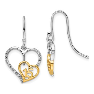 14K Two-Tone Gold 1/20 ct tw Diamond Quinceanera Heart Dangle Earrings