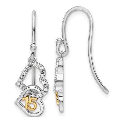 14K Two-Tone Gold 1/10 ct tw Diamond Quinceanera Heart Dangle Earrings