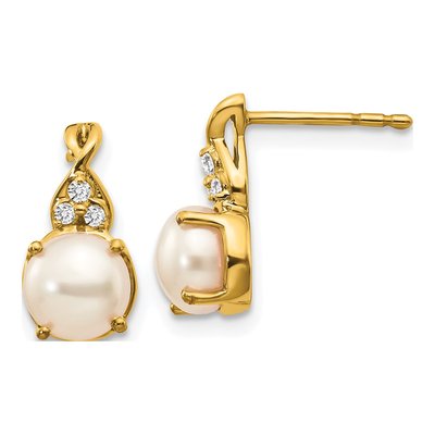 14K Yellow Gold Pearl & Diamond Dangle Earrings
