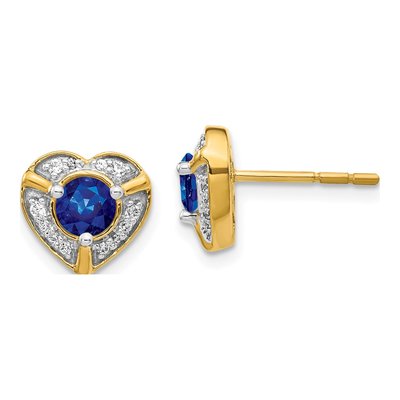 14K Yellow Gold 1/7 ct tw 4.5mm Round Sapphire & Diamond Heart Stud Earrings