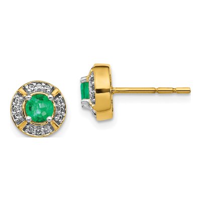 14K Yellow Gold 1/8 ct tw 4.1mm Round Emerald & Diamond Halo Stud Earrings
