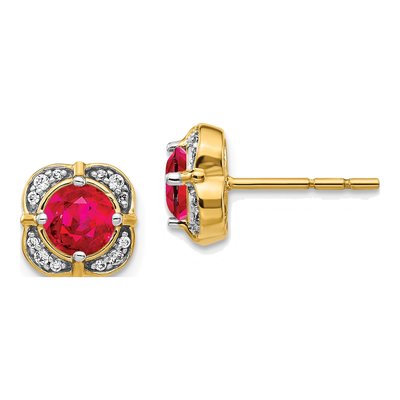 14K Yellow Gold 1/8 ct tw 5.2mm Round Ruby & Diamond Square Stud Earrings