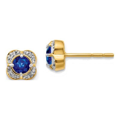 14K Yellow Gold 0.09 ct tw 4.1mm Round Sapphire & Diamond Square Stud Earrings