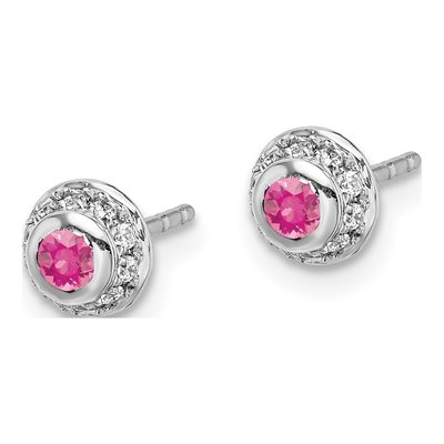 14K White Gold 1/10 ct tw 2.5mm Round Pink Tourmaline & Diamond Cabochon Stud Earrings – view 2