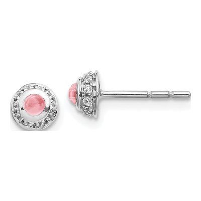 14K White Gold 1/10 ct tw 2.5mm Round Pink Tourmaline & Diamond Cabochon Stud Earrings