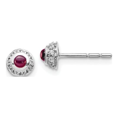14K White Gold 1/10 ct tw 2.5mm Round Rhodolite Garnet & Diamond Cabochon Stud Earrings