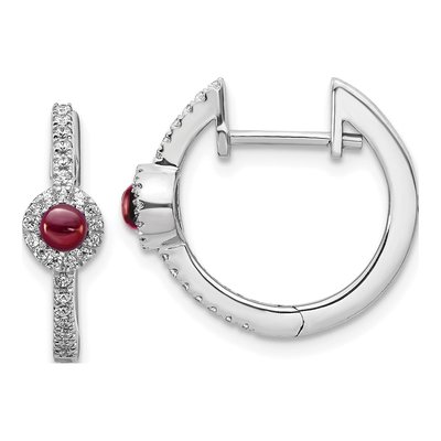 14K White Gold 1/5 ct tw 16mm Garnet & Diamond Huggie Hoop Earrings