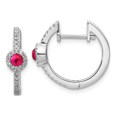 14K White Gold 1/5 ct tw 16mm Ruby & Diamond Huggie Hoop Earrings