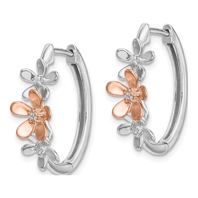 14K Two-Tone Gold 1/20 ct tw 21mm Diamond Flower Huggie Hoop Earrings – view 2