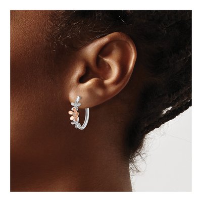 14K Two-Tone Gold 1/20 ct tw 21mm Diamond Flower Huggie Hoop Earrings – view 3