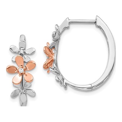 14K Two-Tone Gold 1/20 ct tw 21mm Diamond Flower Huggie Hoop Earrings
