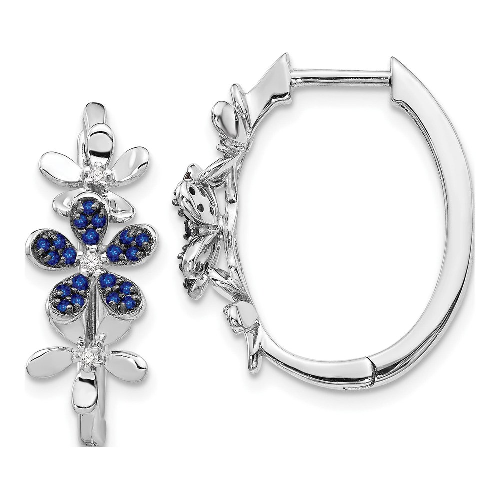 14K White Gold 1/20 ct tw 22mm Sapphire & Diamond Floral Huggie Hoop Earrings