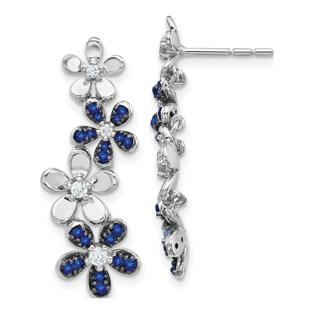 14K White Gold 1/6 ct tw Sapphire & Diamond Floral Dangle Earrings
