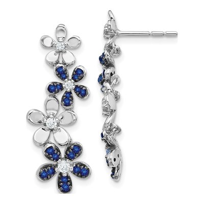 14K White Gold 1/6 ct tw Sapphire & Diamond Floral Dangle Earrings