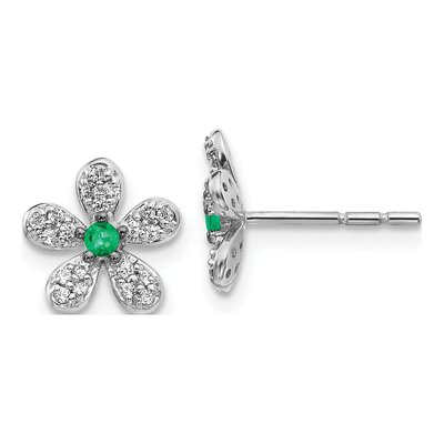 14K White Gold 1/6 ct tw 2mm Round Emerald & Diamond Flower Stud Earrings