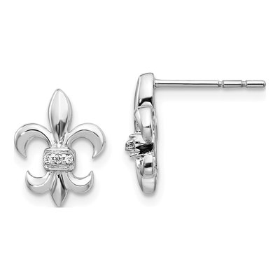 14K White Gold 0.9mm Round Diamond Fleur de Lis Stud Earrings