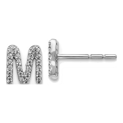 14K White Gold 1/7 ct tw 0.9mm Round Diamond Initial M Stud Earrings