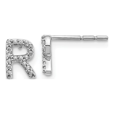 14K White Gold 1/10 ct tw 0.8mm Round Diamond Initial R Stud Earrings