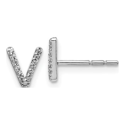 14K White Gold 1/15 ct tw 0.8mm Round Diamond Initial V Stud Earrings