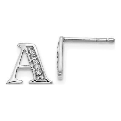 14K White Gold 0.8mm Round Diamond Initial A Stud Earrings