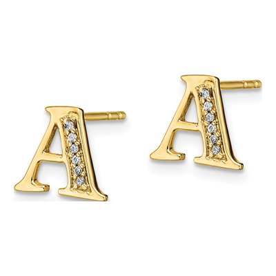 14K Yellow Gold 0.8mm Round Diamond Initial A Stud Earrings – view 3