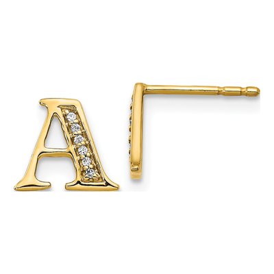 14K Yellow Gold 0.8mm Round Diamond Initial A Stud Earrings