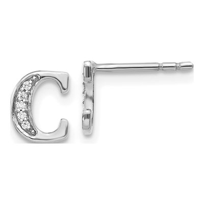 14K White Gold 0.9mm Round Diamond Button Initial C Stud Earrings