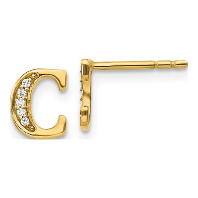 14K Yellow Gold 0.9mm Round Diamond Initial C Stud Earrings