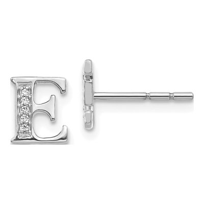 14K White Gold 0.8mm Round Diamond Initial E Stud Earrings